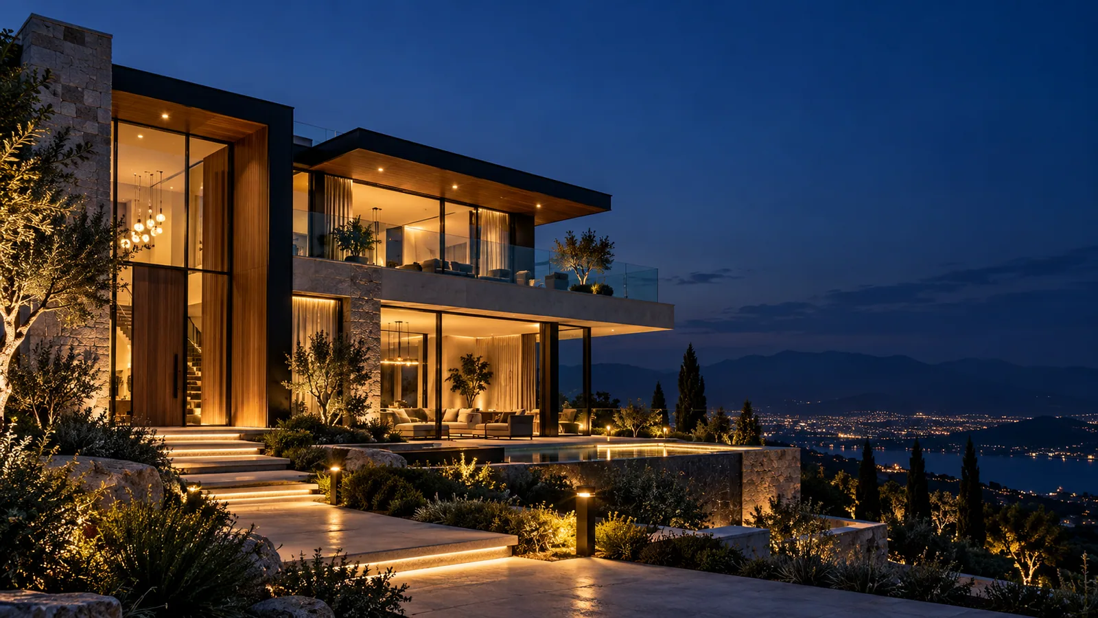 معماری ویلای مدرن با نور گرم و فضای سبز